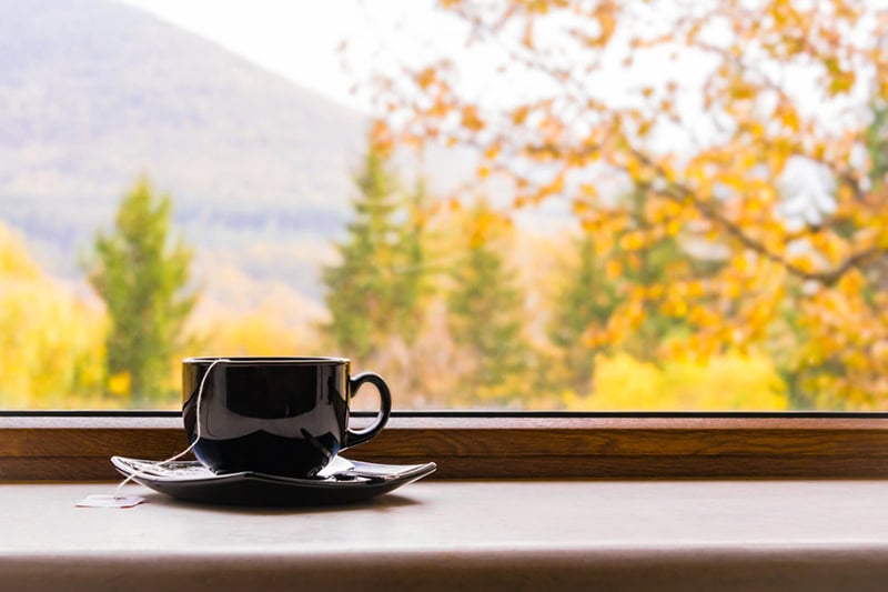 A cozy autumn scene featuring a warm beverage on a windowsill overlooking a scenic landscape.